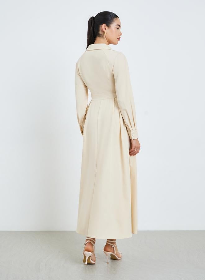 Styli Women Beige Pleated A-Line Maxi Dress - Image 4